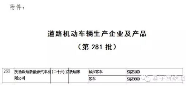 熱烈祝賀躍迪集團旗下陜西躍迪公司SQZ6600KA、SQZ6100NG車型正式列入工信部產(chǎn)品公告目錄（第281批）